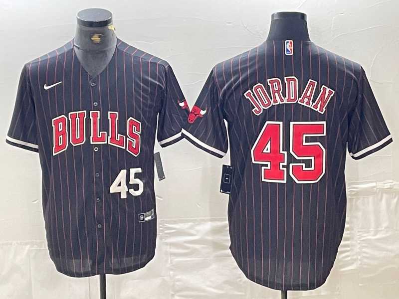 Mens Chicago Bulls #45 Michael Jordan Number Black Pinstripe Cool Base Stitched Baseball Jersey